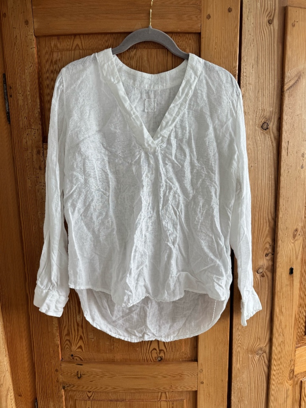 120% Lino White 100% Linen V-Neck Long Sleeve Blouse Size 38